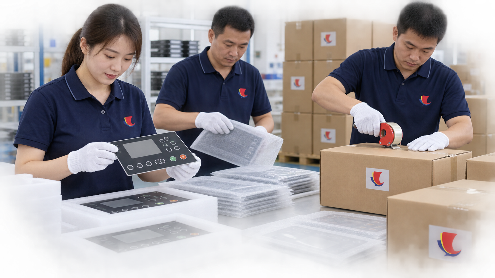 Employees packing control panels for export